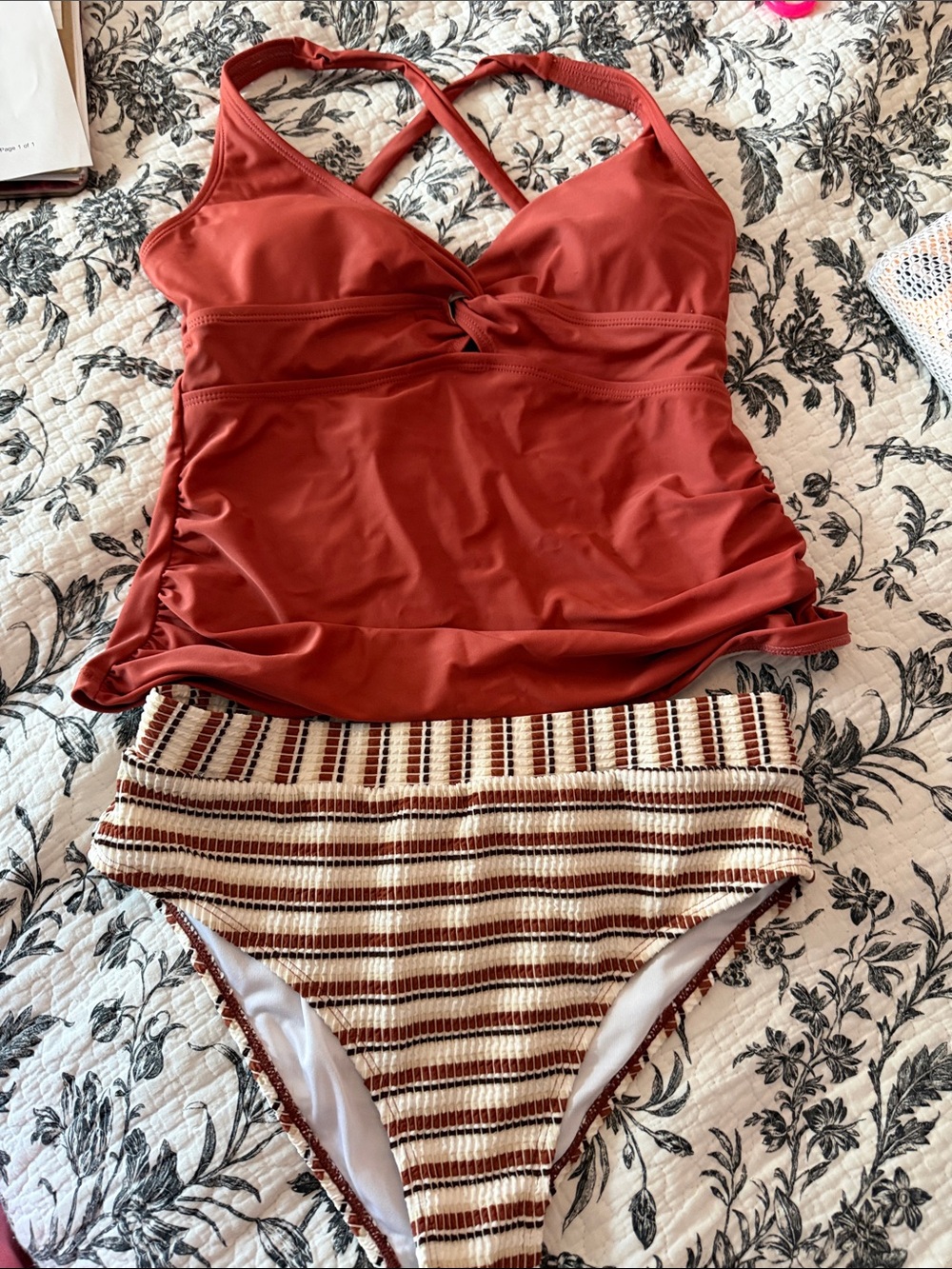 Cupshe Rust Red Tankini Top with Cream & Brown Striped High-Waist Bottoms
